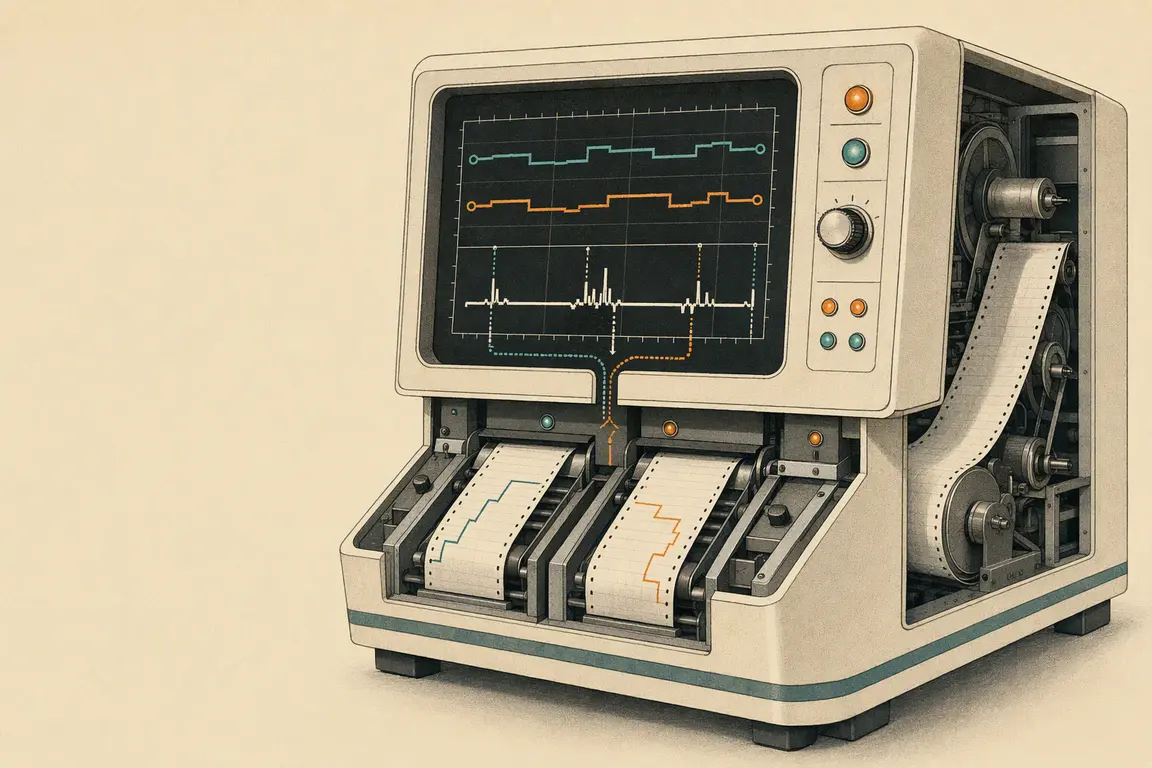 Illustrated diagnostic instrument feeding two state cartridges into one divergence trace